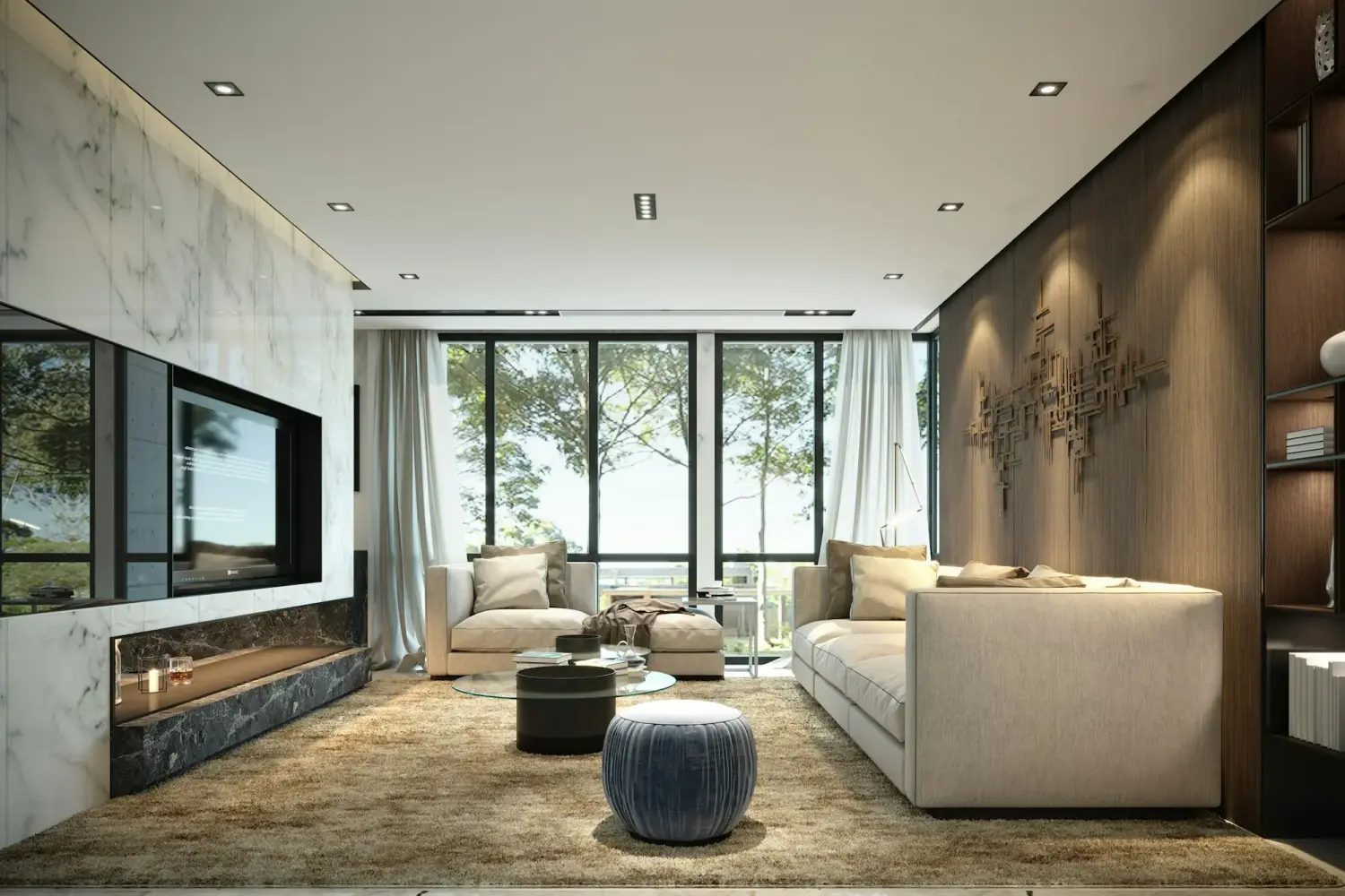 A bright, upscale living room with freshly cleaned, spotless carpet.